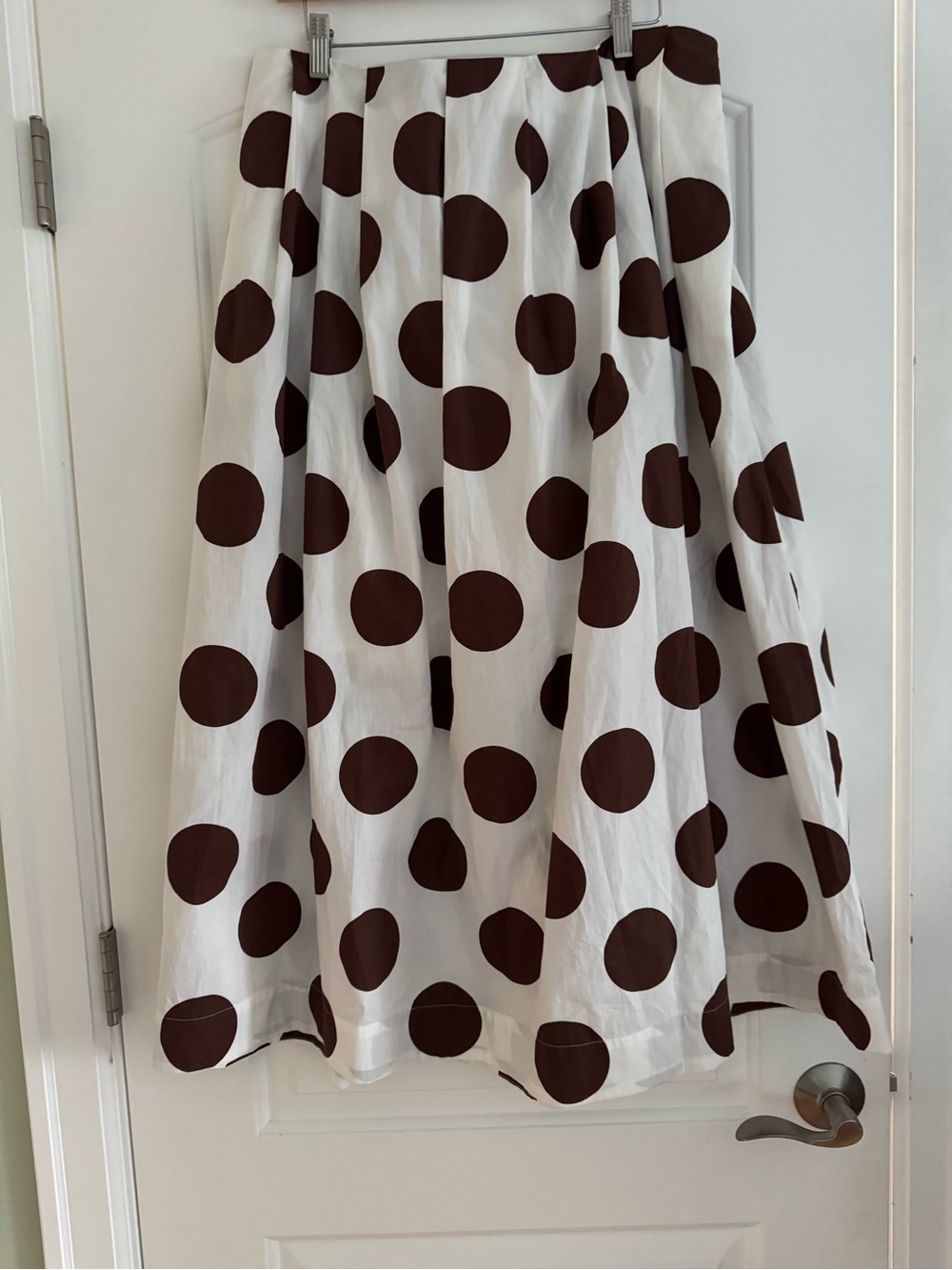 Anthropologie White Midi Skirt with Brown Polka Dots — Full A-Line